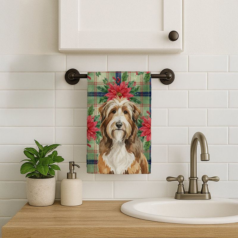 Brown Bearded Collie Christmas PoinsettIas Kitchen Towel, Brown Bearded Collie