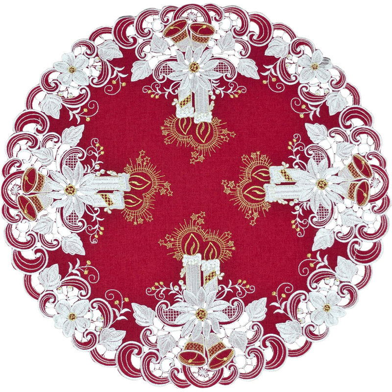 Bougies de Noël, clochettes et poinsettias sur napperon rouge, plateau de table (rond), Rond 24 po
