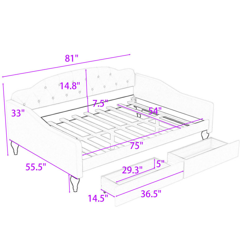 Full 2 Drawers Upholstered Daybed