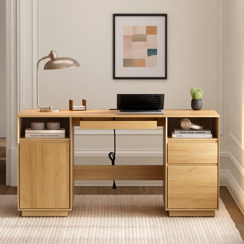 59" Farmhouse Computer Executive Desk With File Drawer, Oak