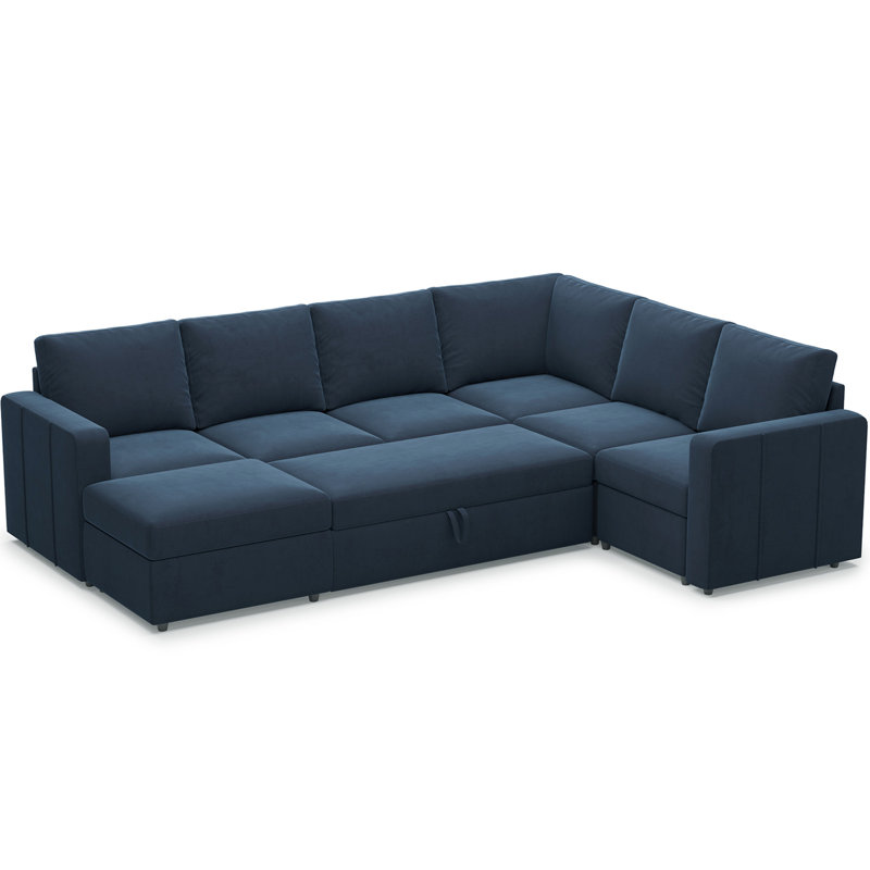 Canapé-lit modulaire coulissant avec repose-pieds Seybert, Velours bleu