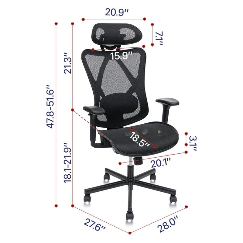 Ergonomic Mesh Office Chair with Adjustable Lumbar Support, Headrest & Armrest - High Back Executive Desk Chair with Mute Wheels for Home Office, 280lbs Capacity