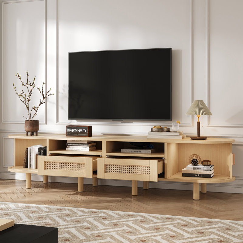 Meuble télé Zarae Modern Coastal avec tiroirs en rotin, portes coulissantes et coins arrondis, Naturel, 64.90