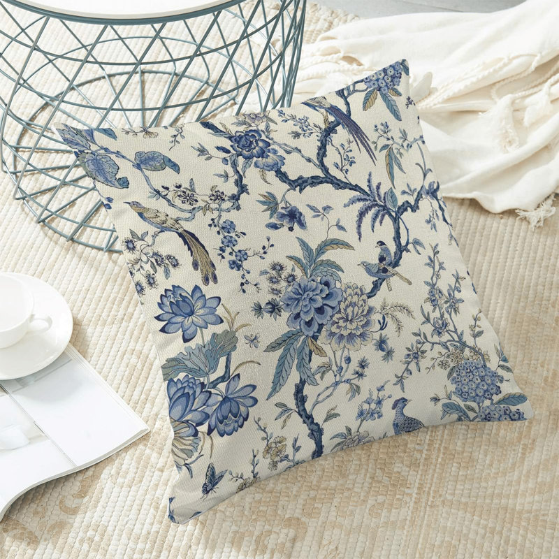 Set of 2 Embroidered Decorative Throw Pillow Covers for Couch, Bedroom, Sofa, 18"H x 18"W, Blue Floral
