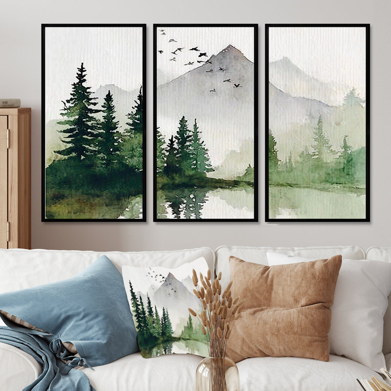 «Green Green Winter Forest Lake Landscape», ensemble d'art mural forêt d'hiver, H 28 po x l 36 po, Noir