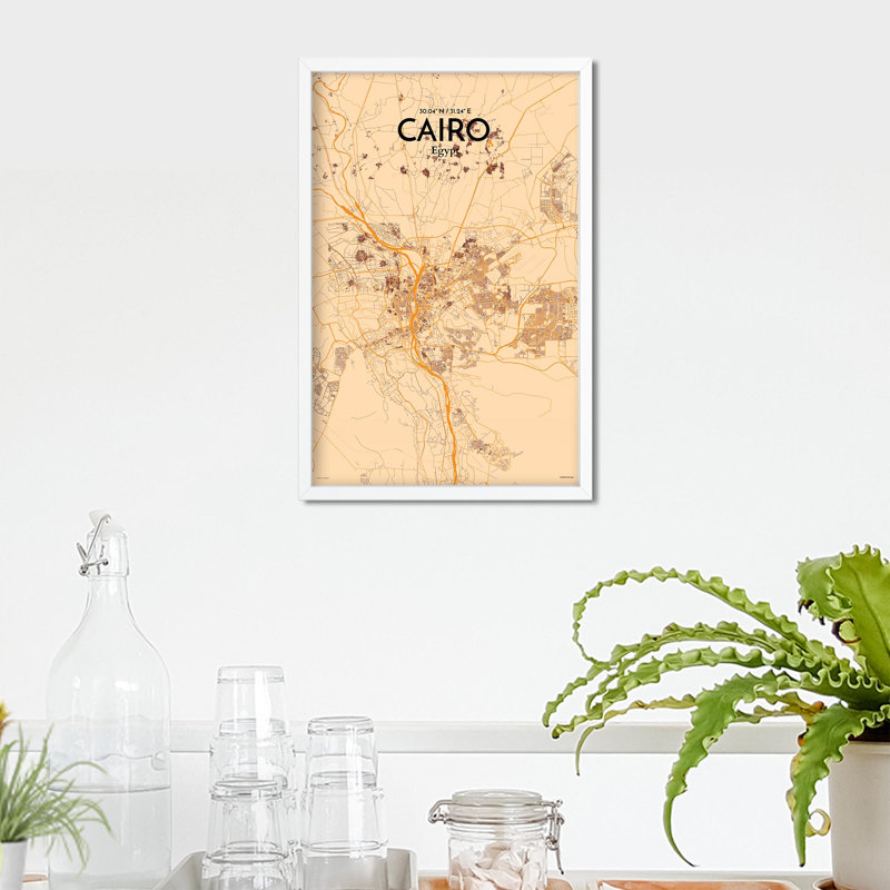 «Cairo City Map», impression rétro, H 17 po x l 11 po x P 0,05 po, Orange / or pâle