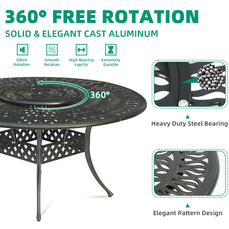 Red Barrel Studio 23.98" Cast Aluminum Lazy Susan Turntable, 360° Rotating Display Tray With Silent Bearings, Round Table Top Swivel Serving Plate With Umbrella Hole For Outdoor Dining Table, Elizabeth Style