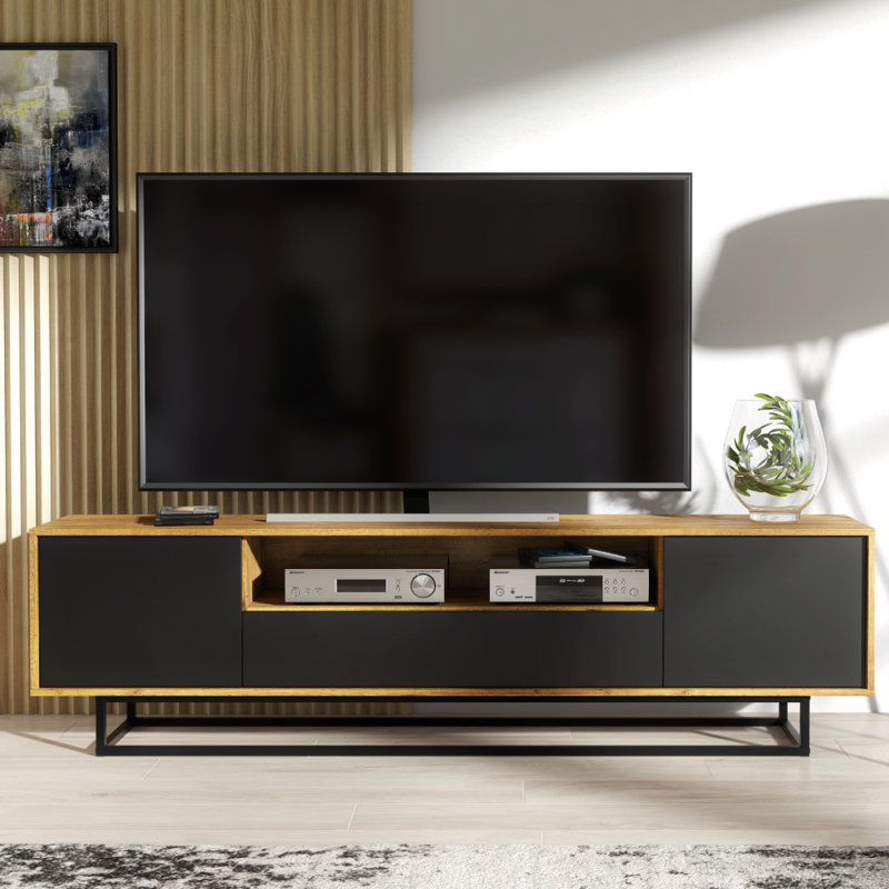 Bryseida Unfinished TV Stand for TVs up to 88", Oak/Black