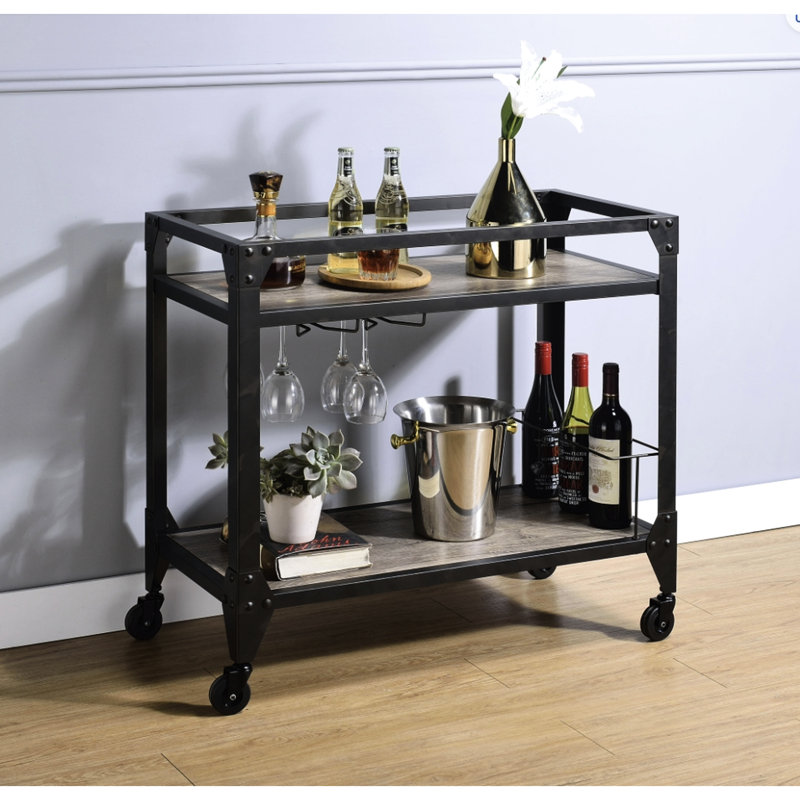 Chariot de service au fini gris anthracite avec une touche de chêne rustique - plateau spacieux et tablette pour les besoins et armoire généreuse, rangement pour bouteilles de vin