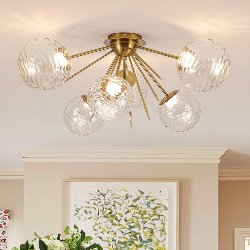 6 - Light Dimmable Led Swirled Glass Globe Sputnik Semi Flush Mount