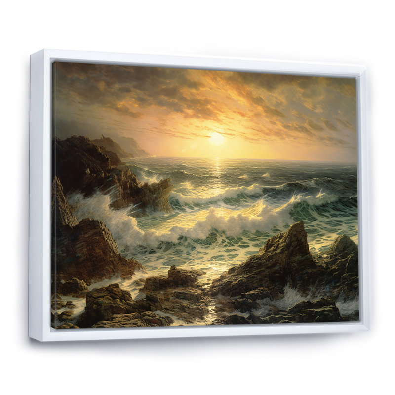 «Wild Ocean with Breaking Waves Golden Hour», reproduction, H 12 po x l 20 po x P 1 po, Cadre flottant blanc
