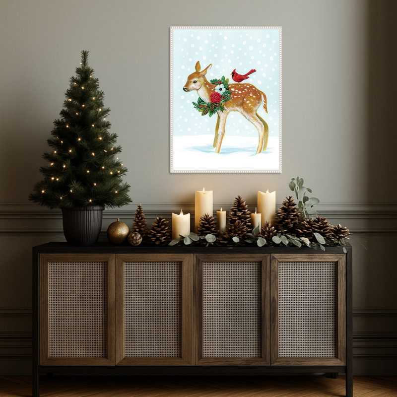 «Winter Woodland Creatures with Cardinals II» par Laura Marr, reproduction d'art sur toile encadrée