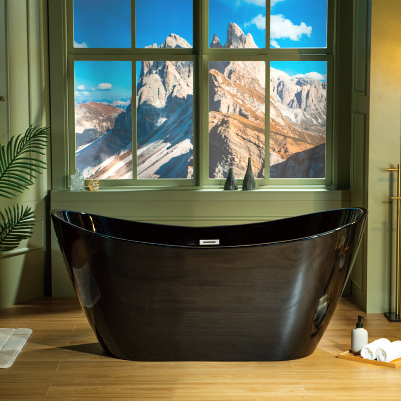 Baignoire de trempage autoportante en acrylique à double fond antidérapant 59 po x 28,75 po Vital, Chrome, Noir lustré