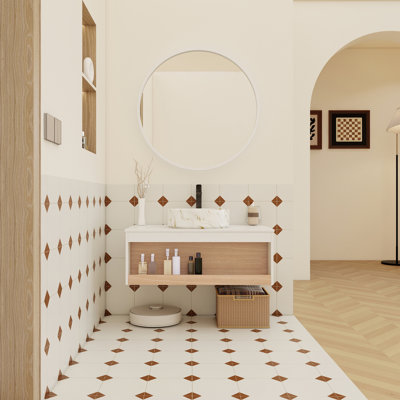 36" Floating Bathroom Vanity with Gold Vein Marble Vessel Sink, Wall-Mounted Vanity with Open Shelf Storage