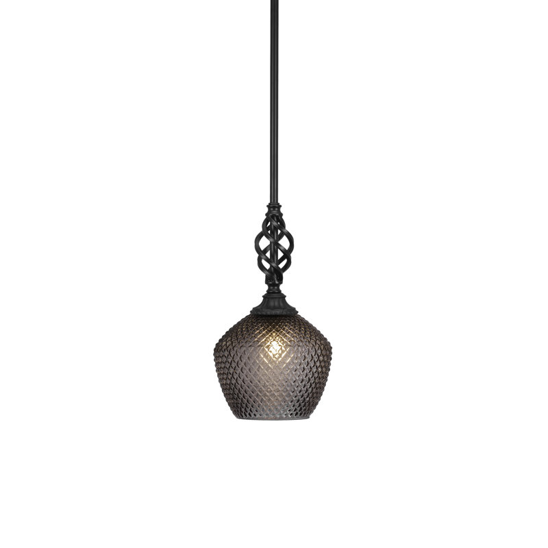 Eleganté Stem Hung Mini Pendant Shown In Matte Black Finish With 9" Smoke Textured Glass