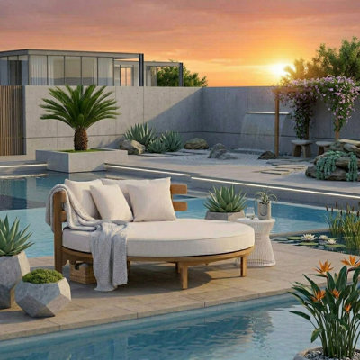 59" Round Outdoor Daybed In Acacia Wood With Teak Finish, Water-resistant Foldable Cushion & 4 Pillows Included For Patio And Backyard