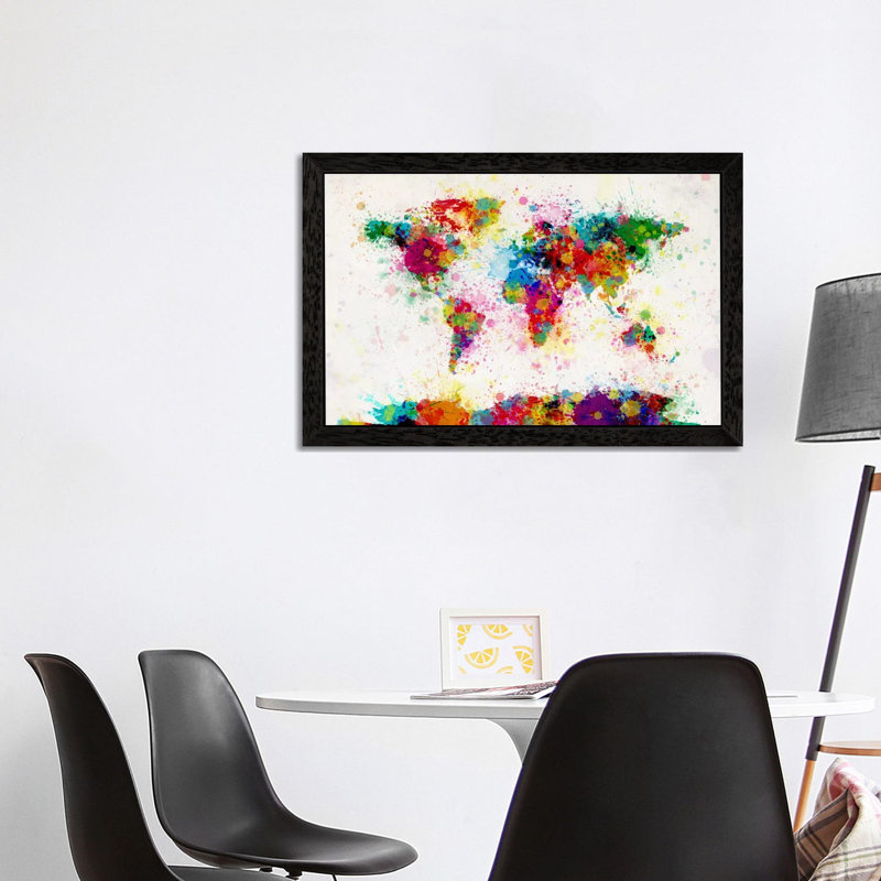 World Map Paint Drops III by Michael Tompsett - Painting on Canvas, 101.6 cm H x 66.04 cm W, Black Framed