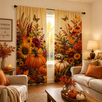 2Pcs Autumn Harvest Floral Curtains, Vintage Pumpkin Sunflower Botanical Pattern Modern Farmhouse French Country Curtain For Living Room Bedroom Kitchen Rod Pocket Window Drapes