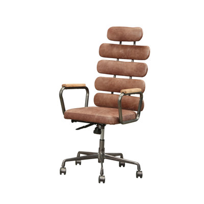 Chaise de bureau rétro, siège pivotant à 360 degrés avec hauteur réglable de 42 po à 45 po, dossier et siège rembourrés recouverts de cuir, roulettes en métal à 5 étoiles, fonction de fauteuil, de 42 po à 45 po, conception