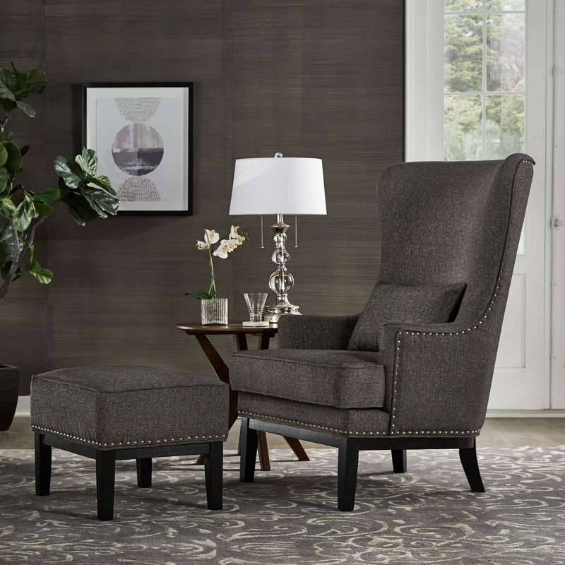 Caistor 77.47Cm Wide Linen Wingback Chair and Ottoman, Black Polyester Blend