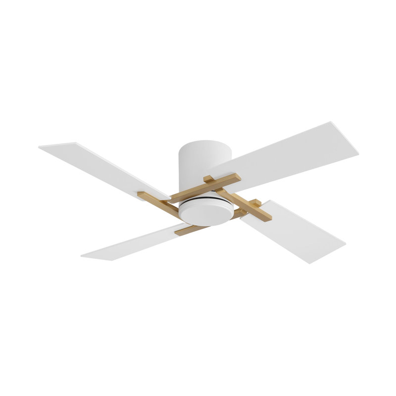 48inch 4 White Blades Dc Motor Indoor Flush Mount Ceiling Fan With Remote, White and Gold, White, White