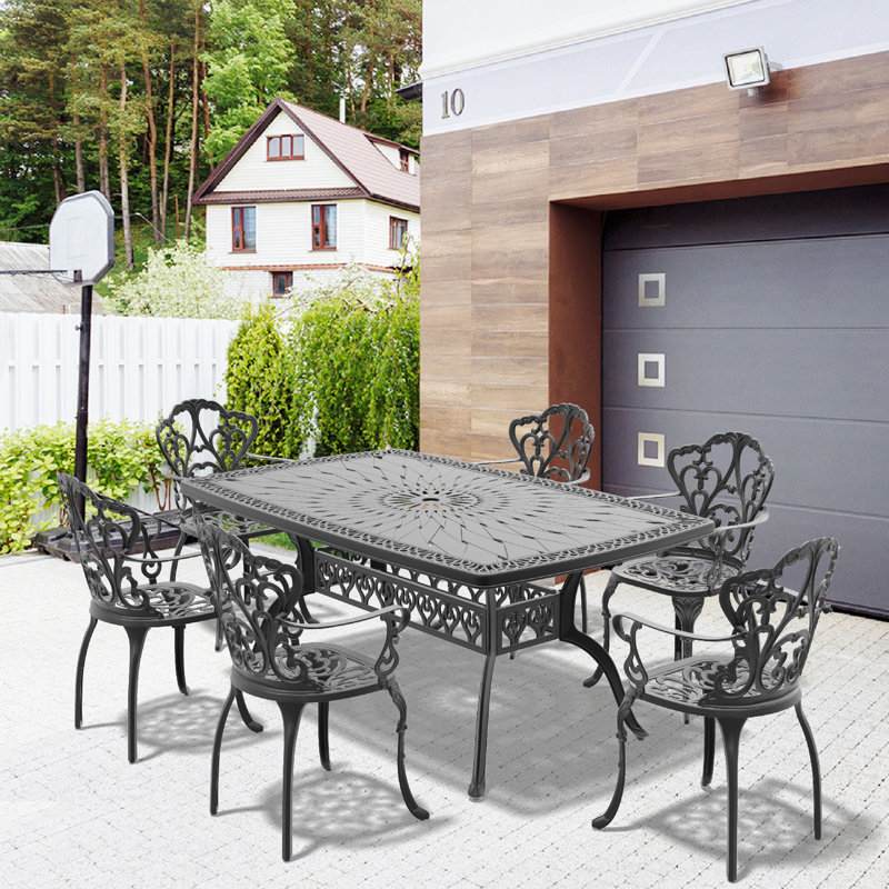 Gulielma 63.78'' L 40.16" W Rectangula Table Cast Aluminum Outdoor Dining Set with Umbrella Hole and Off-White Cushion, 6