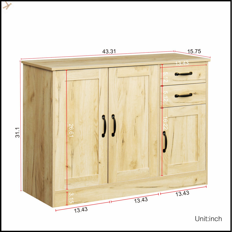 Buffet moderne en chêne avec rangement spacieux, idéal pour le vestibule et la salle à manger, d'une longueur de 43,3 pouces