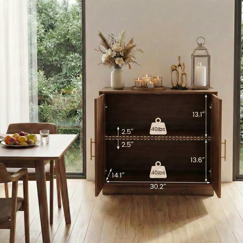 31.5" Modern Farmhouse Storage Cabinet, Rustic Brown 2 Door Sideboard Buffet With Gold Handles, Fluted Wood Accent Credenza For Entryway, Living Room, Coffee Bar
