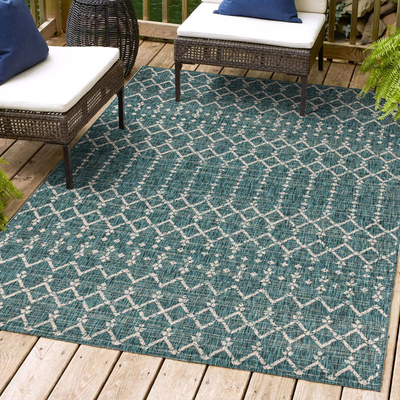 Crompton Moroccan Geometric Textured Weave Indoor/Outdoor Rug, Rectangle 6' x 9', Teal/Gray