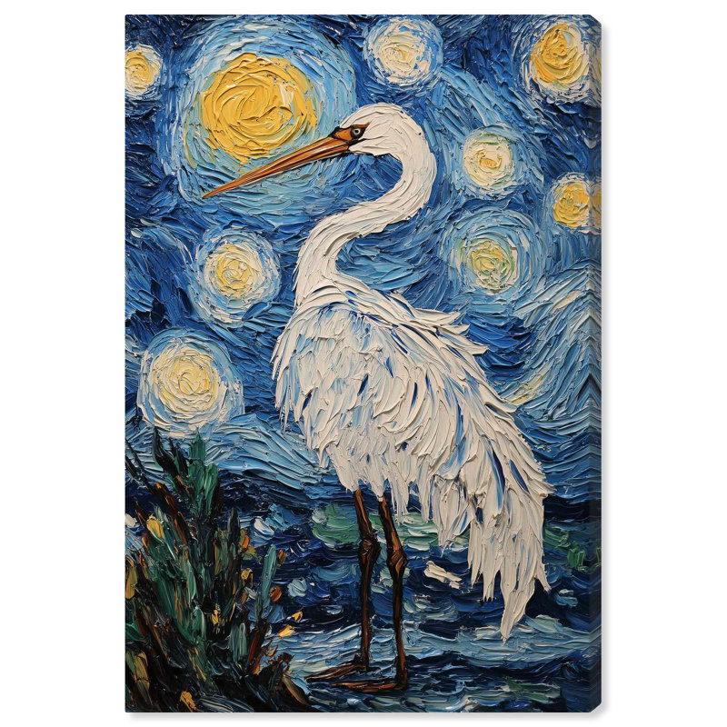 «Crane in Starry Night», toile élégante par Art Remedy, H 36 po x l 24 po, Toile tendue avec châssis