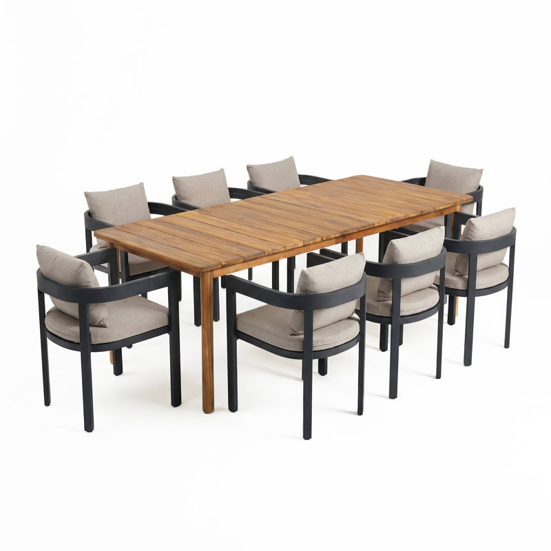 Jerry Outdoor 9-Piece Dining Set With Acacia Wood Table & Aluminum Frame Chairs