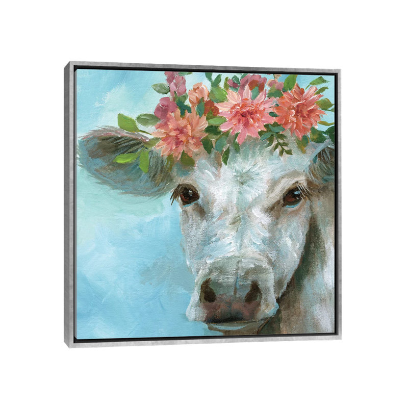 «Happy Bessie» par Nan - reproduction, H 26 po x l 26 po x P 1,5 po, Encadrement argenté