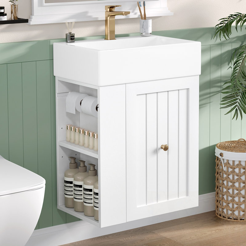Meuble-lavabo mural avec lavabo et tablette latérale, Blanc