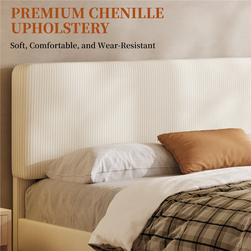 Modern Upholstered Bed Frame with Adjustable Chenille Headboard, Double (4'6")