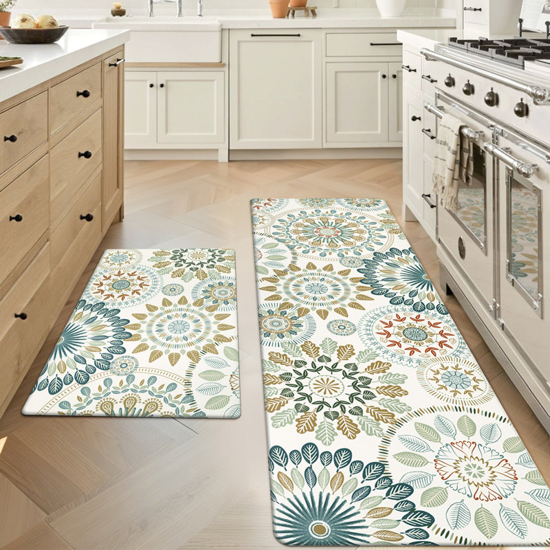 Jalissia Anti-Fatigue Non-Skid Kitchen Mat, Runner 20" x 31.5" + 20" x 59", Brown/White/Green/Blue