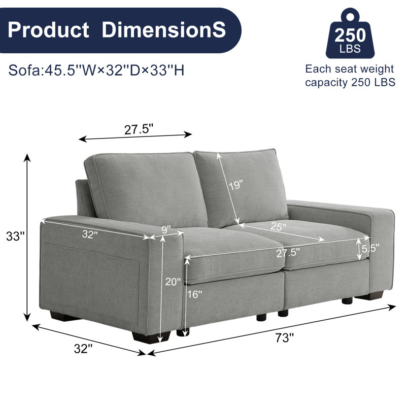 Canapé rembourré modulaire, 2, H 33 po x l 73 po x P 32 po, Beige