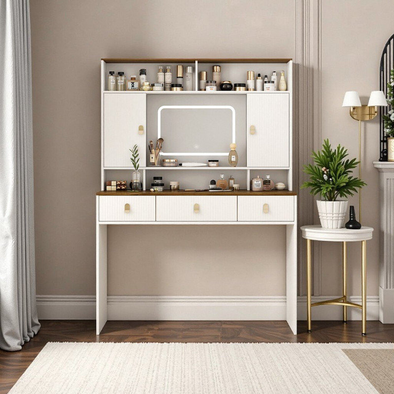 Bureau de coiffeuse avec miroir éclairé et tiroirs de rangement, coiffeuse en bois d'ingénierie