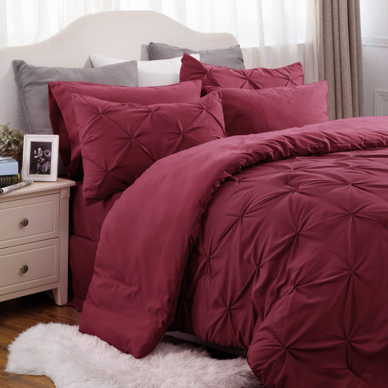 Bedsure Cal King Burgundy Pintuck Bed-in-a-Bag - Light Blue Pinch Pleat Comforter Set with Sheets, Pillowcases & Shams (Set of 7)