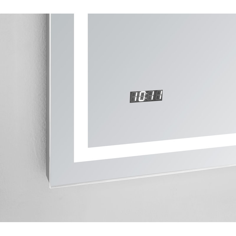 AQUADOM Daytona 60" W x 36" H x 1" D, LED Wall-Mount Mirror for Bathroom with 3 Color Temperature Light, Touch Control, Dimmer and Defogger, Digital Clock
