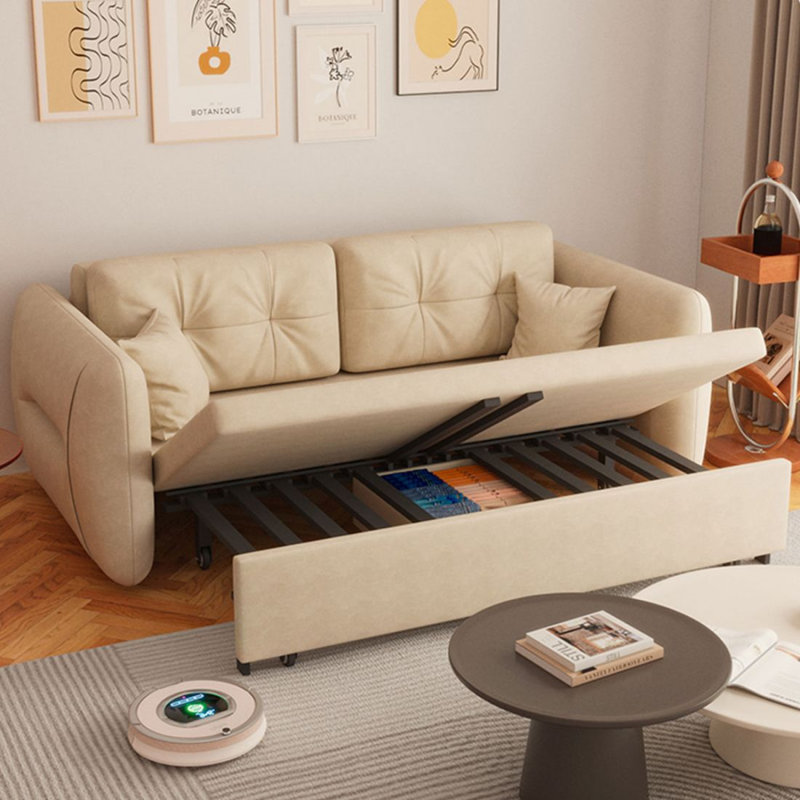 Canapé-lit moderne en cuir blanc cassé rétractable avec rangement, H 31,5 po x l 70,08 po x P 32,28 po