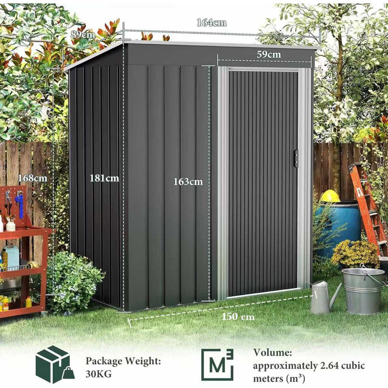 Galvanized Steel Garden Shed with Sliding Door and Sloped Roof, Black