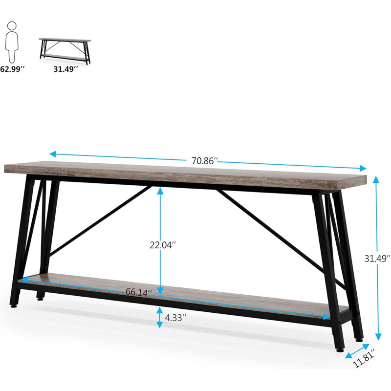 70.9” Light Gray & Black Industrial Sofa Table - Extra Long Entryway Console, Gray/Black, Gray