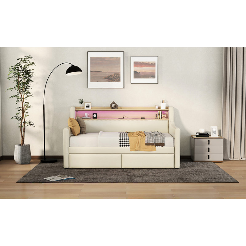 Lit de jour simple beige avec options de rangement, lumières à DEL et douille pour station de charge, décoration de revêtement