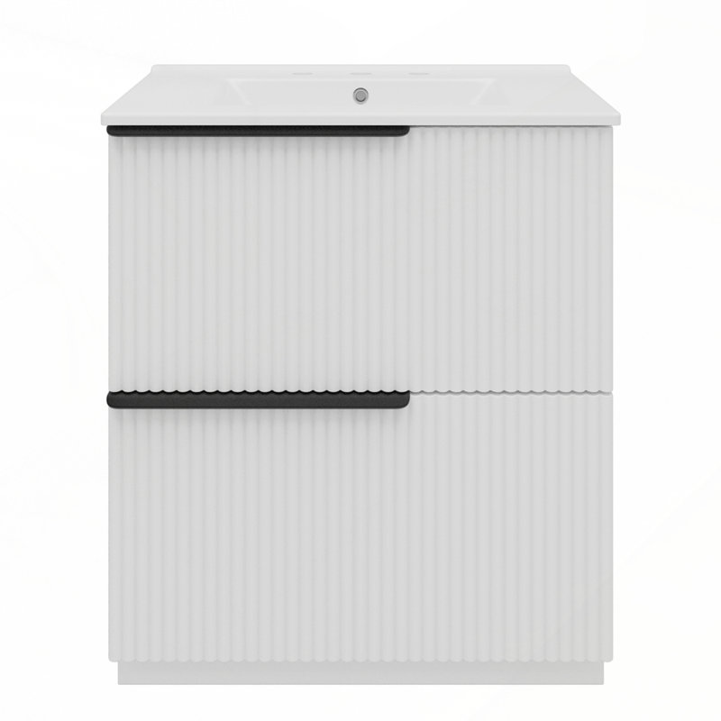 Lavabo en céramique de haute qualité avec rangement intégré et conception cannelée, Blanc