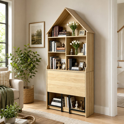 Bureau d'écriture pliable avec tablettes de rangement et bibliothèque convertible