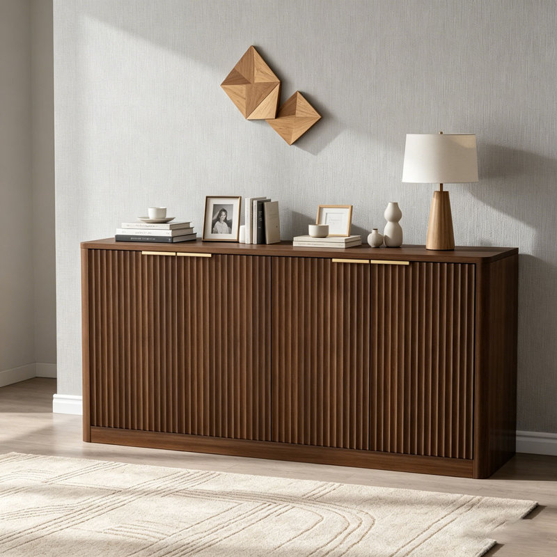 Buffet de 67 pouces avec ondulation moderne et contour arrondi, H 27,7 po x l 67 po x P 15,7 po, Noyer