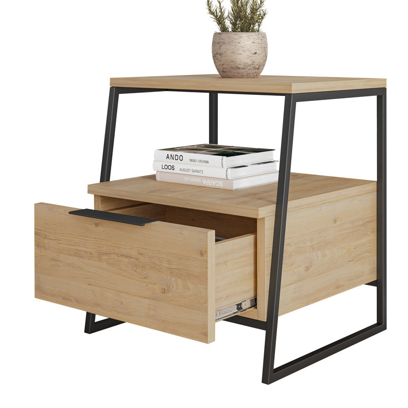 Catinna 1 Drawer Bedside Table | Modern Nightstand with Open Shelf, Oak