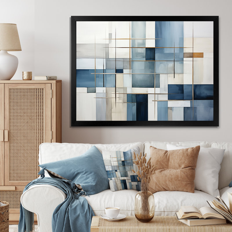 Jakier Blue Grey Line Art Abstract Geometrics I On Canvas Print, H 24 po x l 32 po x P 1 po, Cadre simple noir