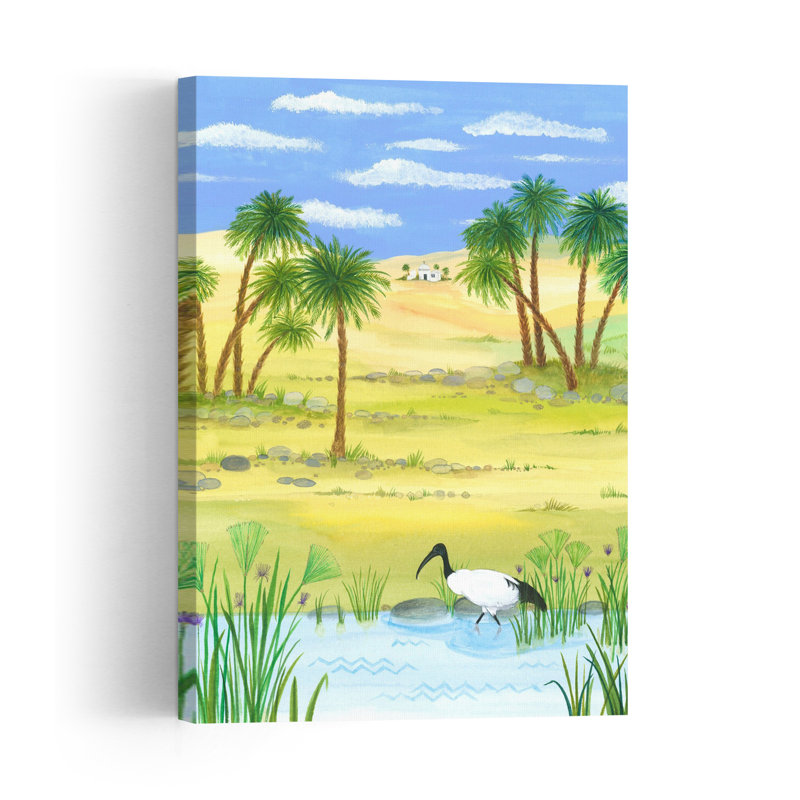 Banks Of The Nile With Ibis Tranquil Abstract Contemporary Palm Tree Bird Architecture Landscape Wall Art Print by Isabelle Brent - Wrapped Canvas Print