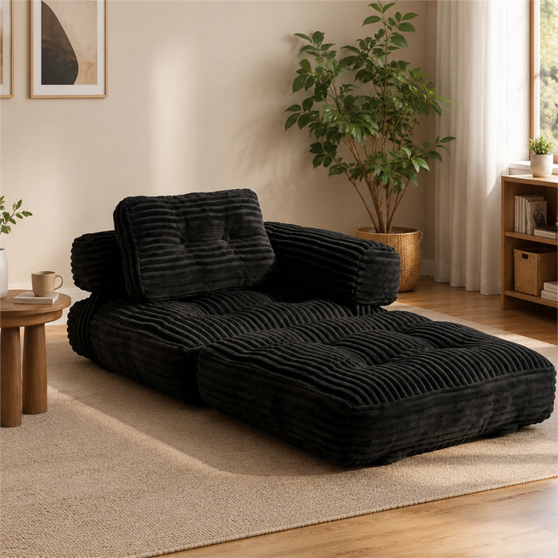 Canapé-lit de sol pliable noir sans cadre avec accoudoirs et coussins, sofa-lit pour salon